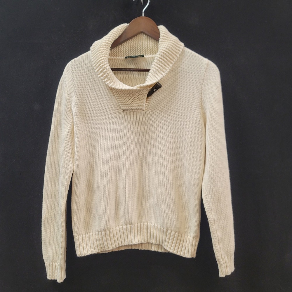 Lauren Ralph Lauren Womens Shawl‎ Collar Sweater Size L Cream Old Money Preppy